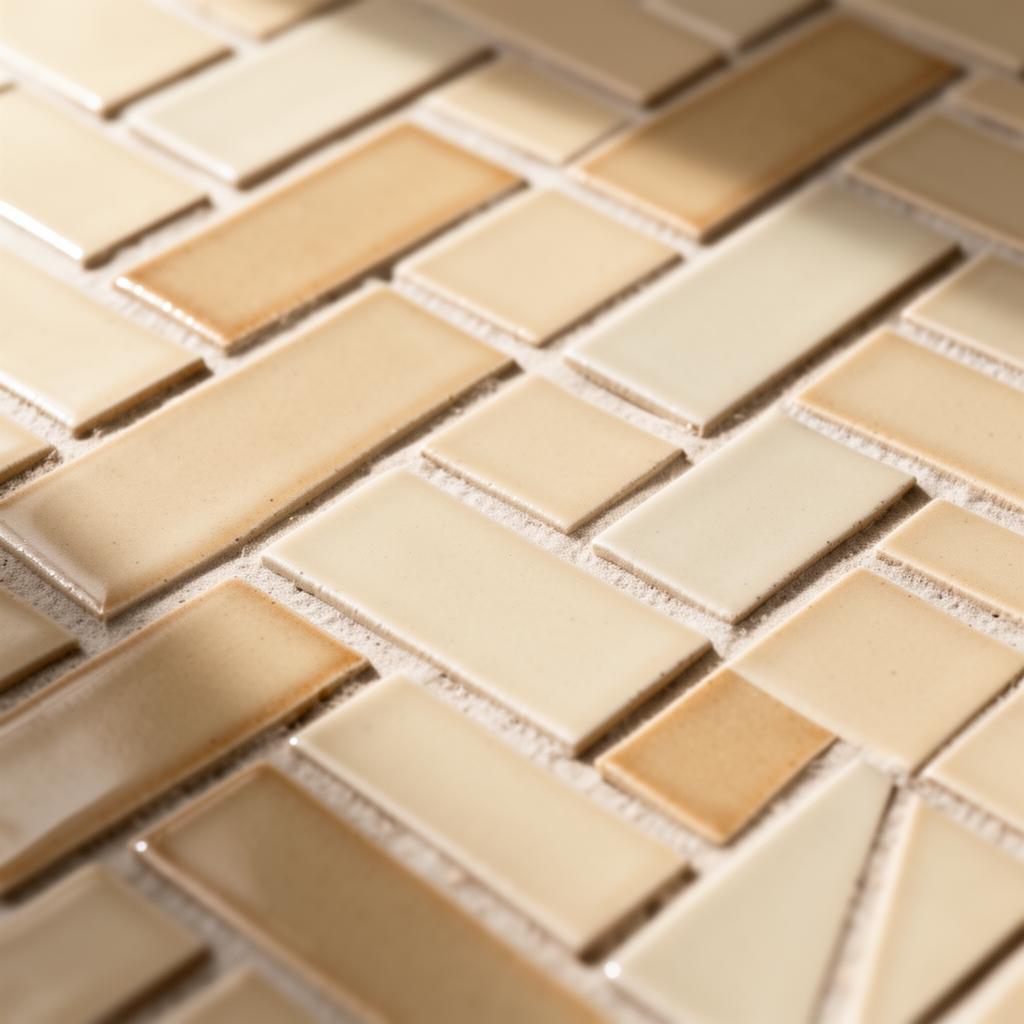 Ceramic mosaic tile arrangement in warm cream tones